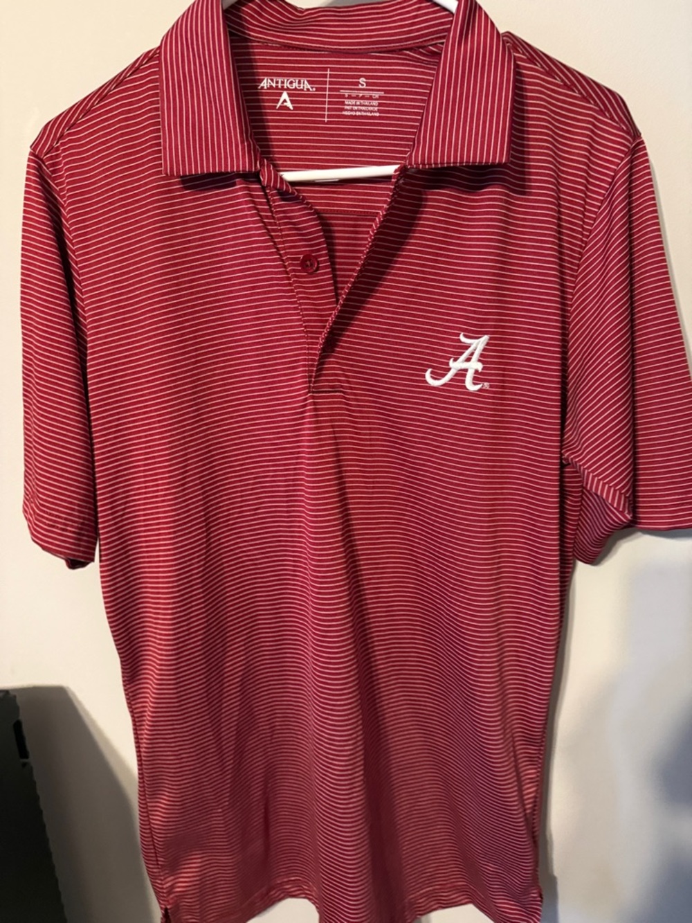 Antigua Crimson Pinstripe Polo with White Alabama 'A' Logo